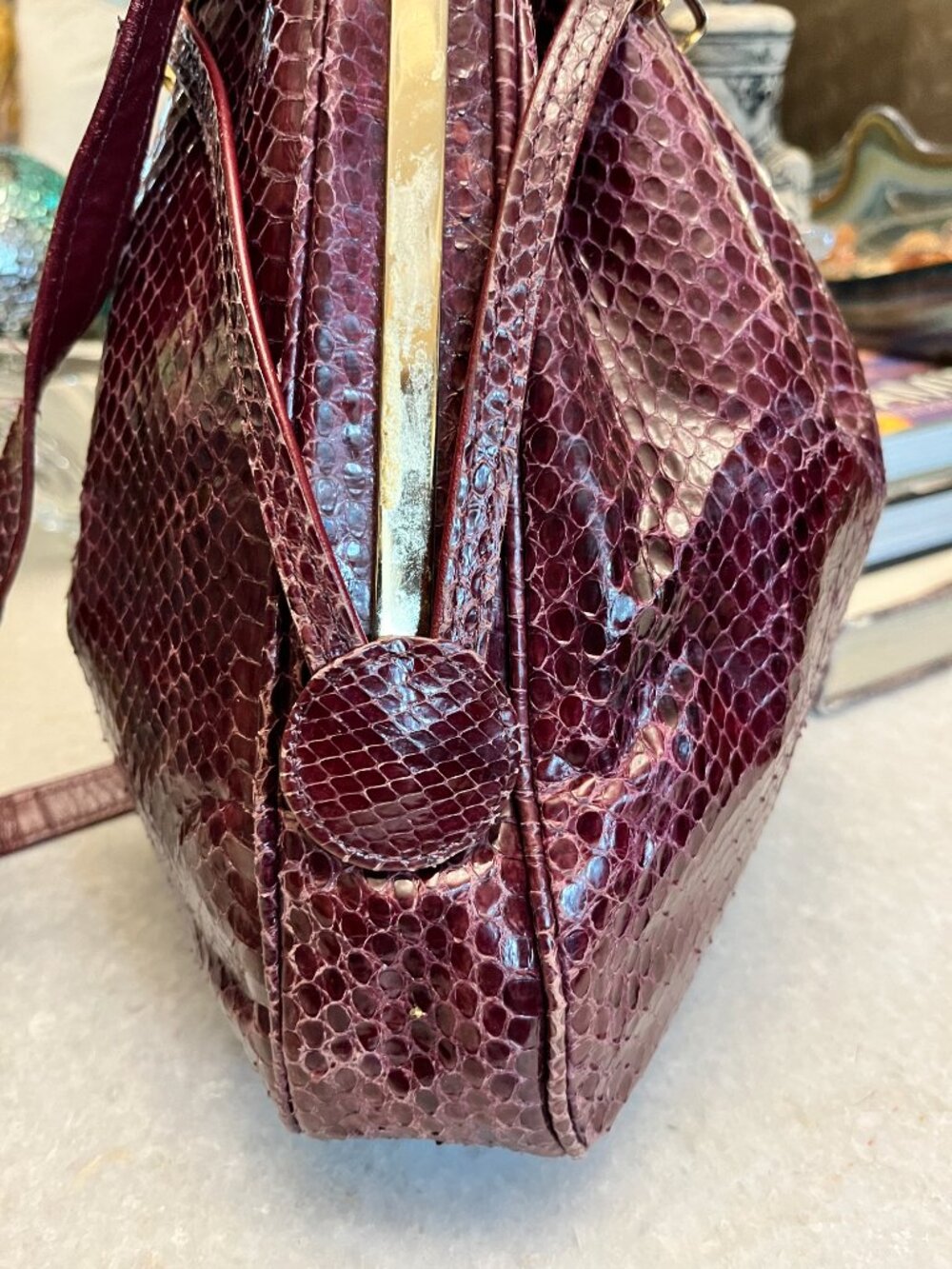 vintage snakeskin drawstring satchel wine gold trim handbag - Picture 5 of 7
